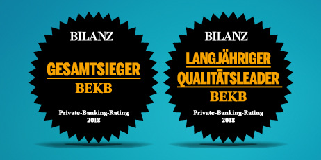 Die BEKB wurde vom Wirtschaftsmagazin Bilanz für ihre Beratungskompetenz und ihre Anlagestrategie als Gesamtsiegerin 2018 ausgezeichnet und ist einzige langjährige Qualitätsleaderin seit Beginn des Bilanz-Ratings im Jahr 2009.